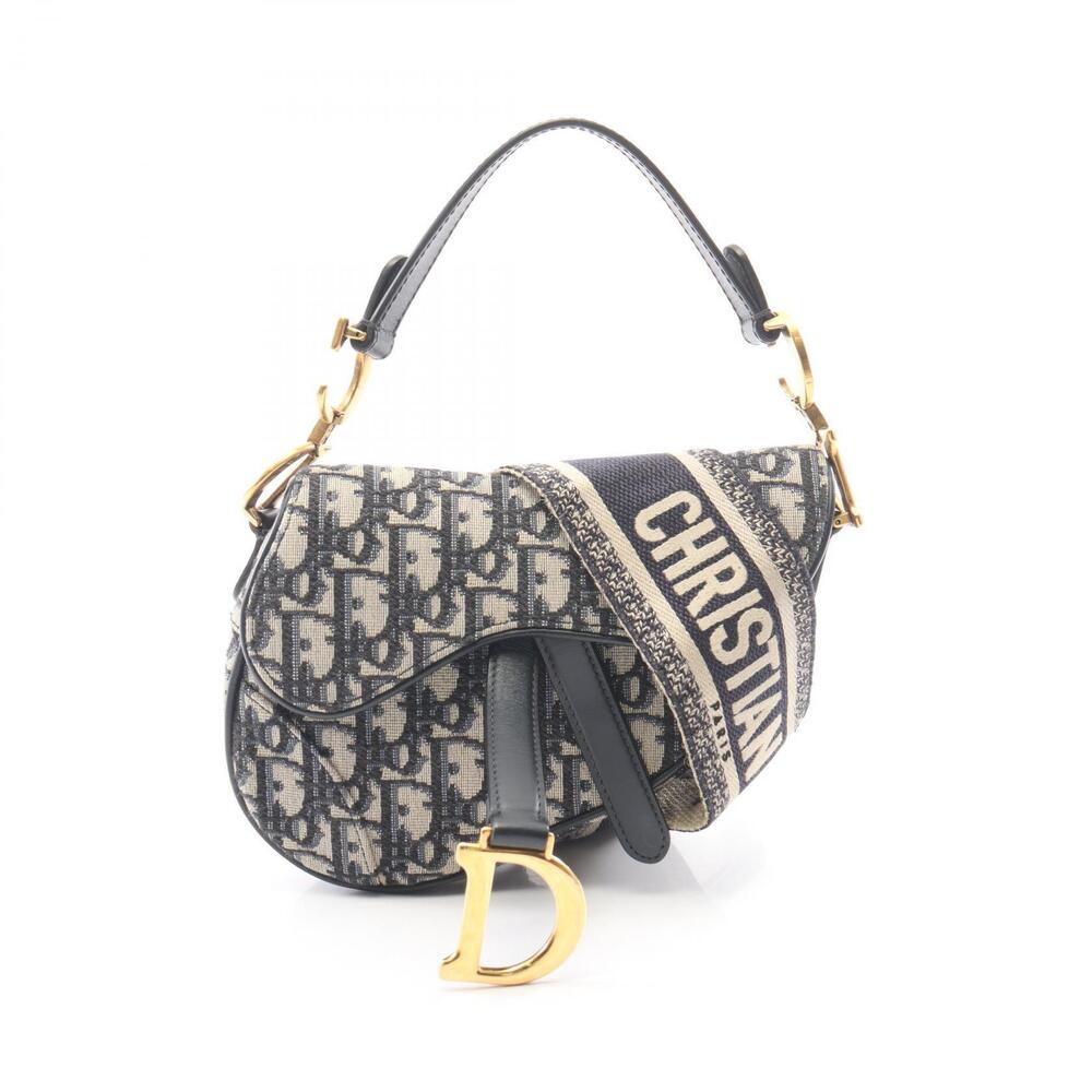 Christian Dior Saddle Bag Oblique Handbag Canvas Leather Navy Blue Beige
